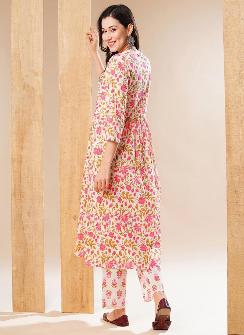 جلو باص كورتي وبنطلون قطن خالص بطبعة زهور وياقة ماندرين للنساء - Image 4